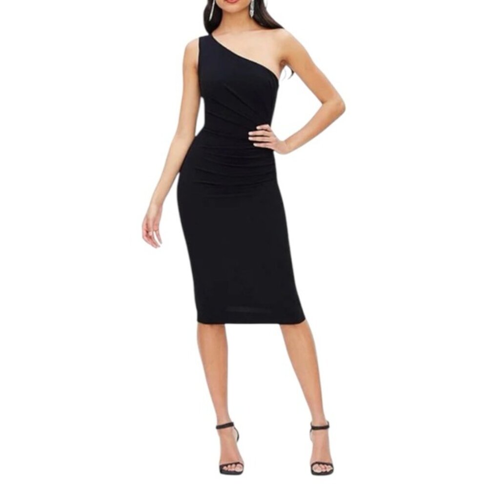 NWT | Dress The Population Black Martine Stretch Crepe One-Shoulder Dress XXS